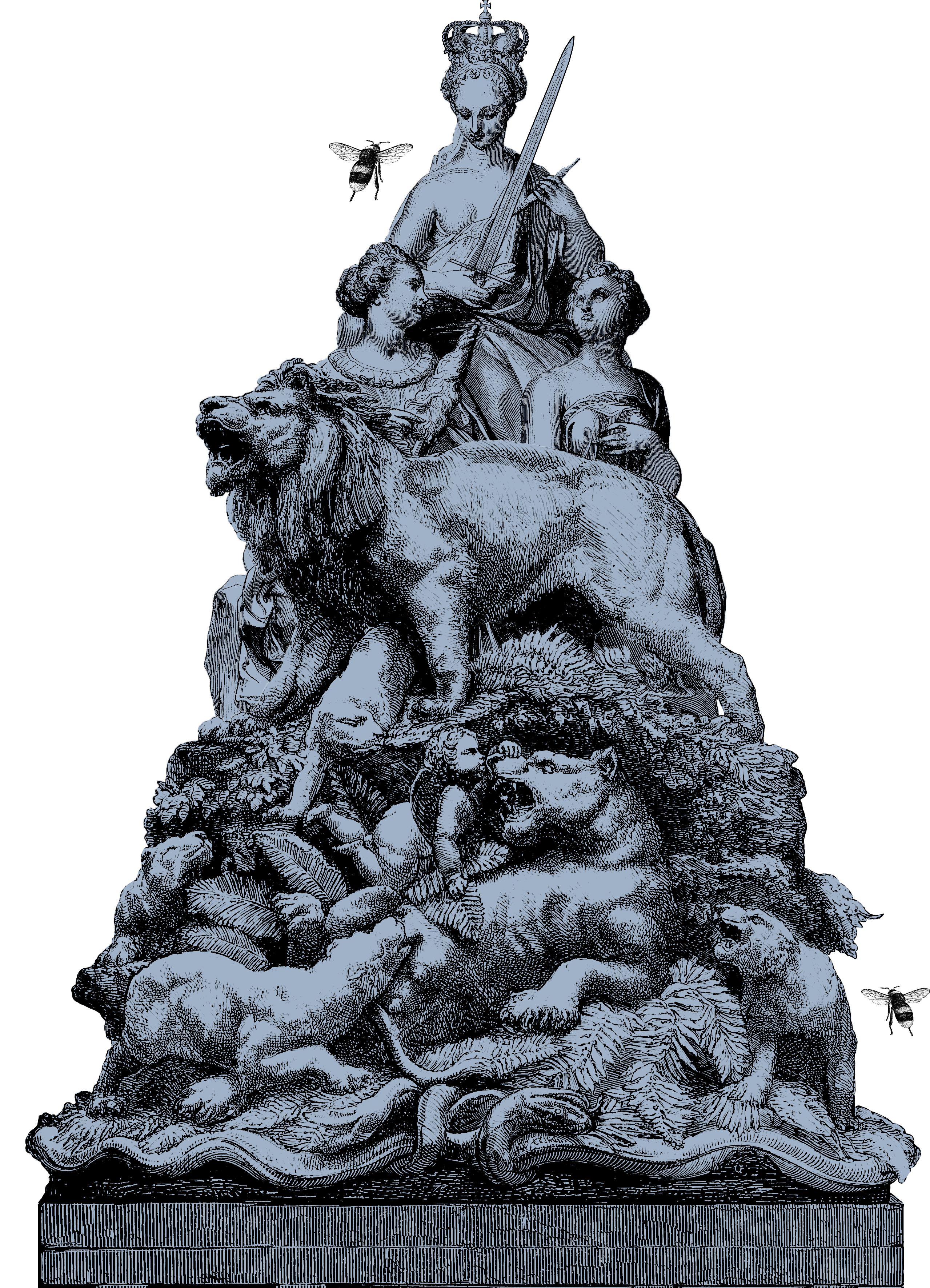 Royalty and a menagerie of animals etching